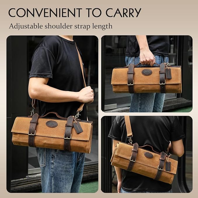 Chef Knife Roll Bag 16oz Oil Waxed Canvas with Cazy Horse Leather, 12 Slots & 2 Zipper Pockets, Portable Backpack Knife Case Storage, Detachable Adjustable Shoulder Strap Belt(Not Included Knives)