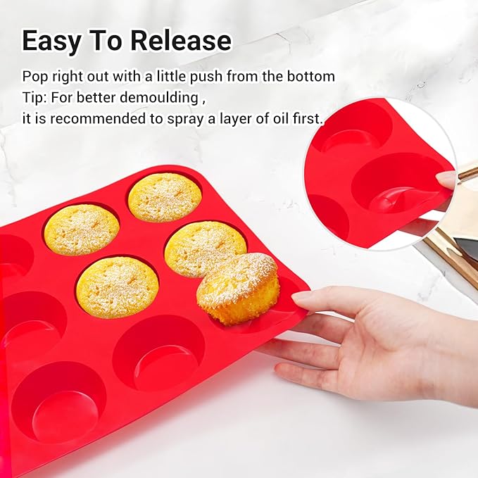 Redfly 2 Pack Silicone Muffin Pan & Cupcake Pans for Baking - 12 Cup Regular Size BPA Free Egg Bites Molds