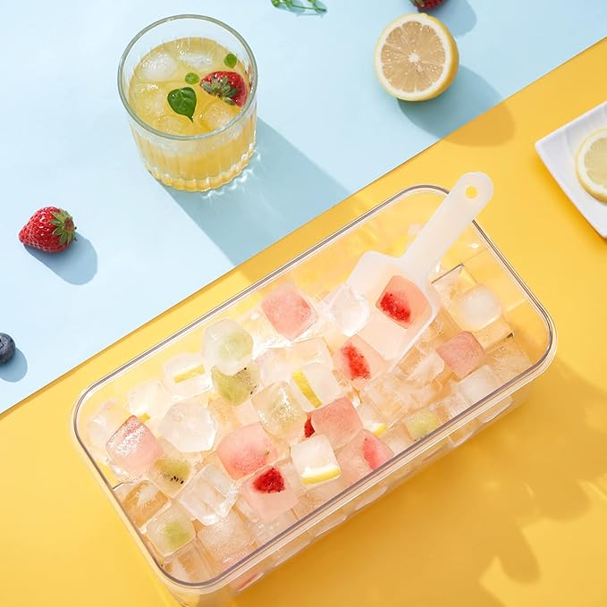 PHINOX Ice Cube Tray with Lid and Bin, 3 Pack Plastic Ice Cube Tray Molds, 96(4 * 8 * 3) pcs Ice Trays for freezer, Chilling Drinks, Whiskey & Cocktails, with Ice Container and Ice Scoop, BPA-Free