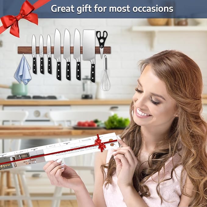 Dmore magnetic knife holder for wall—with 2 hooks, No Drilling 23 Inch walnut knife magnetic strip, Powerful knife magnet rack, include Adhesive Tape and screws for Knives, Utensils, and Tools