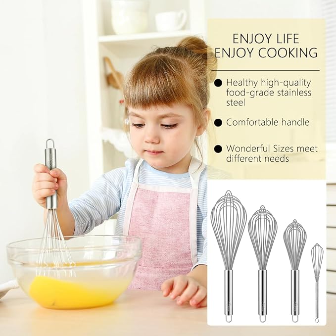 HOTEC 4 Pieces Stainless Steel Whisks Set Wire Whisk Balloon Whisk Egg Beater Kitchen Utensils for Stirring, Beating, Blending