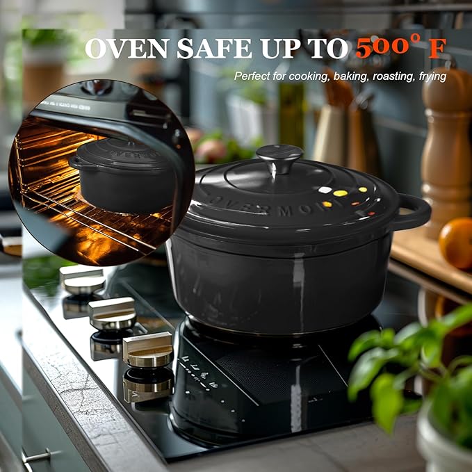 Overmont Enameled Cast Iron Dutch Oven - 5.5QT Pot with Lid Cookbook & Cotton Potholders - Heavy-Duty Cookware for Braising, Stews, Roasting, Bread Baking Graphite Gray