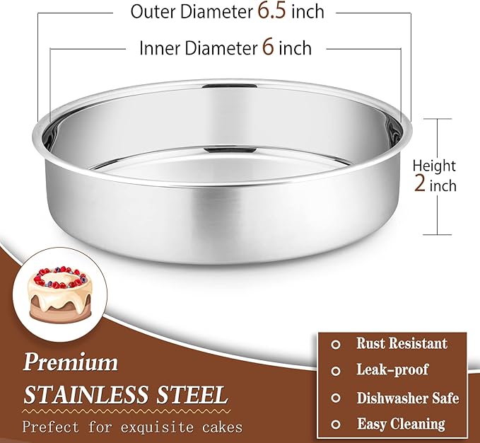 P&P CHEF Cake Pan Set of 4, Stainless Steel Baking Round Cake Pans Tins Bakeware for Birthday Wedding, Leak-proof & Easy Clean, Mirror Finish & Easy Releasing, 6 Inch