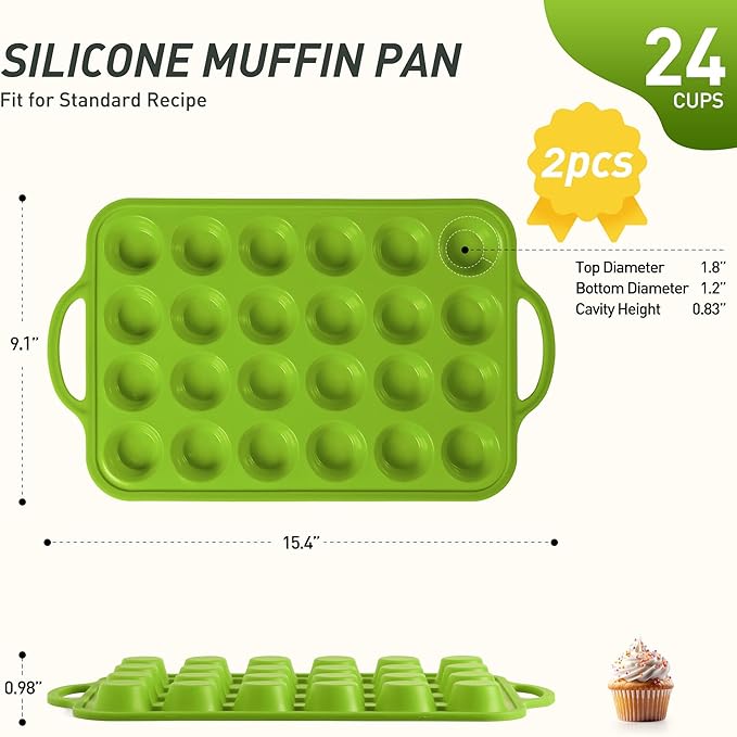 2 Packs 24 Cups Silicone Muffin Pan with Metal Reinforced Frame Mini Size Cupcake Pan Tray Egg Bites Silicone Circle Cookie Molds Muffin Tin Tart Pans Baking Sheet Set for Breakfast Sandwiches