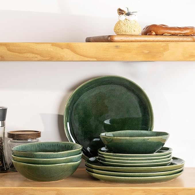 AmorArc Ceramic Dinnerware Sets,Handmade Reactive Glaze Stoneware Plates and Bowls Set,Highly Chip and Crack Resistant | Dishwasher & Microwave Safe Dishes Set,Service for 4 (12pc)