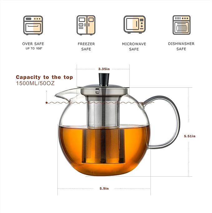 1500ml Glass Teapot with Removable Stainless Infuser(50oz), Ehugos Stovetop Safe Large Tea Pot, Hand Crafted Kettle for Women and Adult, for Loose Leaf Tea, Hot and Iced Water, Juice Beverage