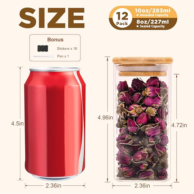 Glass Food Storage Jars Square 10oz, 12 Pack Glass Jars With Bamboo Lids, Kitchen Storage Containers For Spice, Candy, Cookie, Storage For Pantry Organizers
