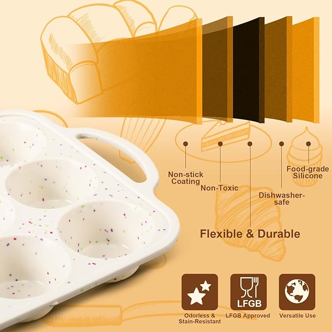 2 Silicone Muffin Pans for Baking with 200 Mini Cupcake Liners, Back to School 1st First Day of School Kitchen Dorm Room Bakeware Supplies, Muffin Tin(12-Cup Regular)