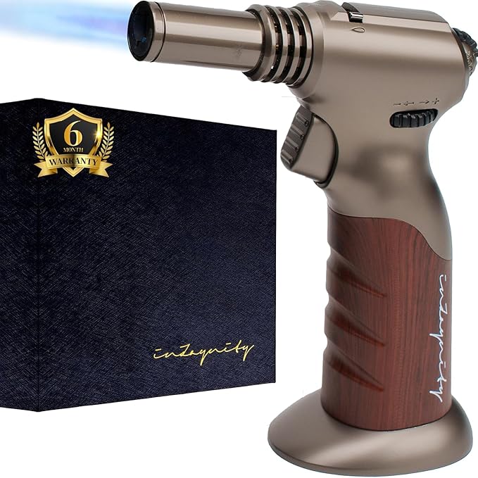Dual Flame Butane Torch - Refillable Handheld Blow Torch for Cooking, Soldering, & Resin Art w/Adjustable Flame & Ignition Lock - Kitchen Blow Torch & Luxurious Gift Box by inZaynity - Brown Steel