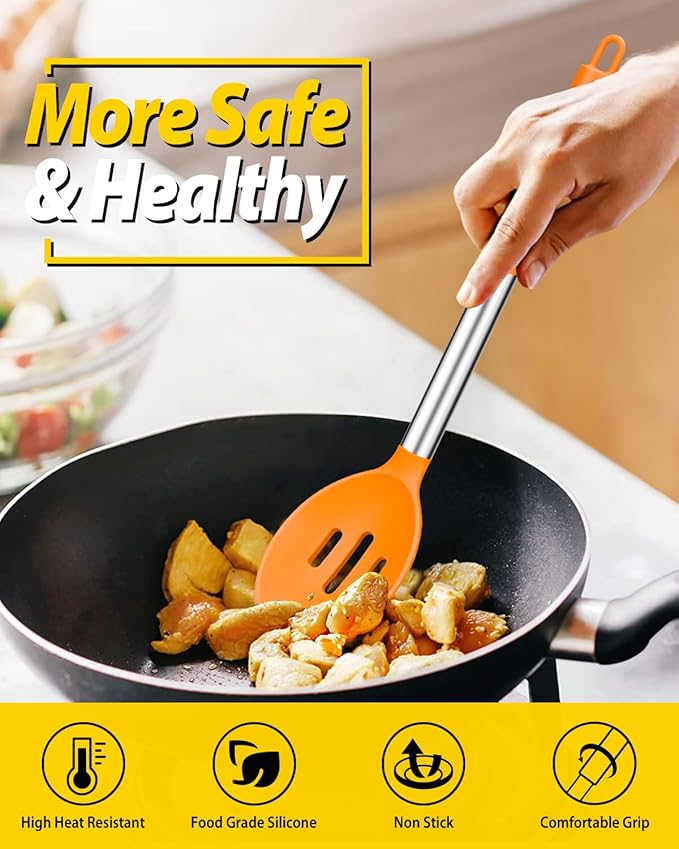 Pack of 2 Large Silicone Cooking Spoons,Non Stick Solid Basting Spoon,Heat-Resistant Kitchen Utensils for Mixing,Serving,Draining,Stirring (ORANGE)