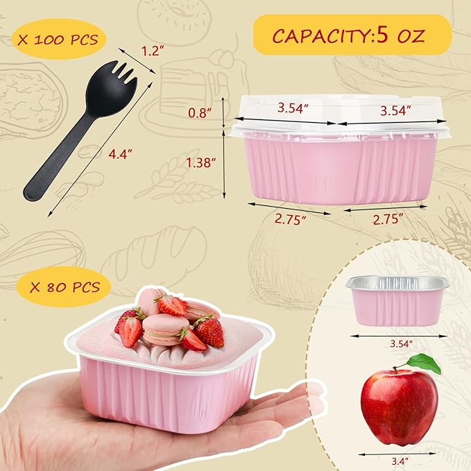 5oz/80pack Mini Cake Tins Cupcake Pan with Lids,LNYZQUS Aluminum Foil Baking Cups,Disposable Ramekins Small Brownie Muffin Pans Mini Cheesecake Containers for Home Bakery-Pink