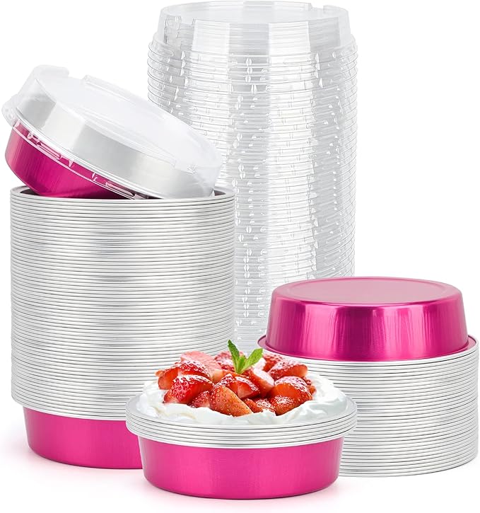Beasea Disposable Cupcake Pans with Lids, 100 Pack 4 Inch 8oz Rose Red Aluminum Baking Foil Tins Small Round Tart Containers for Individual Dessert Muffin Cheesecake Ramekins Quiche Oven Dishes