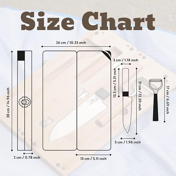 Foldable Bamboo Cutting Board Set - with Knife, Peeler, Bag & Built-in Sharpener – Portable Compact Chopping Board for Camping, Picnic, Travel & Kitchen – Non-Slip, Eco-Friendly, Multi-Purpose Design