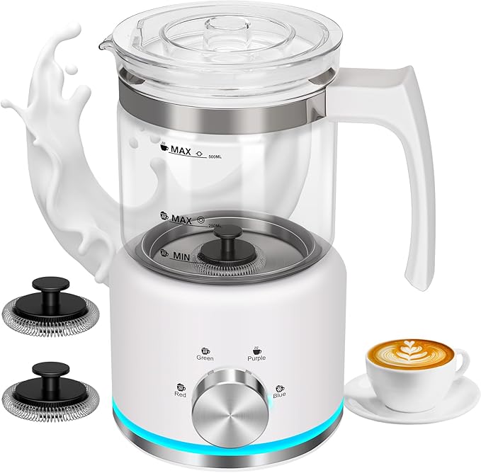 Milk Frother, 16.9 OZ Milk Frother and Steamer, 4 in 1 Electric Milk Frother Dishwasher Safe, Durable Silent Working Frother for Coffee, Hot and Cold Foam Maker, White Glass