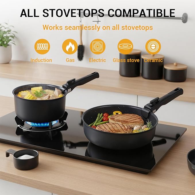 Ammeloo 21-Piece Ceramic Pots and Pans Set Non Stick with Detachable Handles and Egg Frying Pan, Non-Toxic Cookware, Induction Ready, Oven Safe, Stackable for Storage, Black Speckled