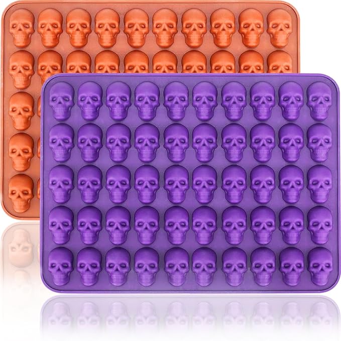 Mini Skull Molds Silicone Halloween for Candy Gummy Chocolate, 100 Cavity 2 pcs Small Head Shapes Freezing Tray Party Homemade 3D Caprese salad Wax Melts DIY Moulds BPA Free Kids Oven Safe