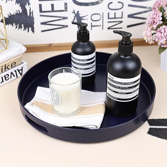 Navy Blue Decorative Serving Tray with Handles, 13” Versatile Ottoman Tray for Coffee Table, Entertaining, Outdoor Patio, Living Room