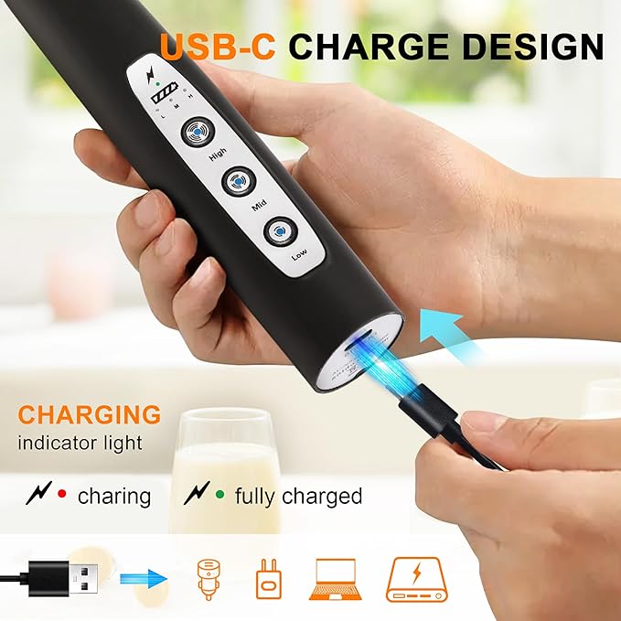 YUSWKO Black Handheld Milk Frother Wand for Coffee, Rechargeable Electric Whisk with 3 Heads 3 Speeds Drink Mixer Coffee Frother For Latte, Cappuccino, Hot Chocolate, Egg