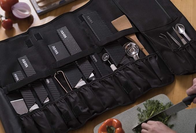 Asaya Chef Knife Roll Bag - 20 Total Pockets for Knives and Kitchen Utensils - Made with Stain Resistant Waxed Nylon - For Chefs and Culinary Students - Knives Not Included(Blue)