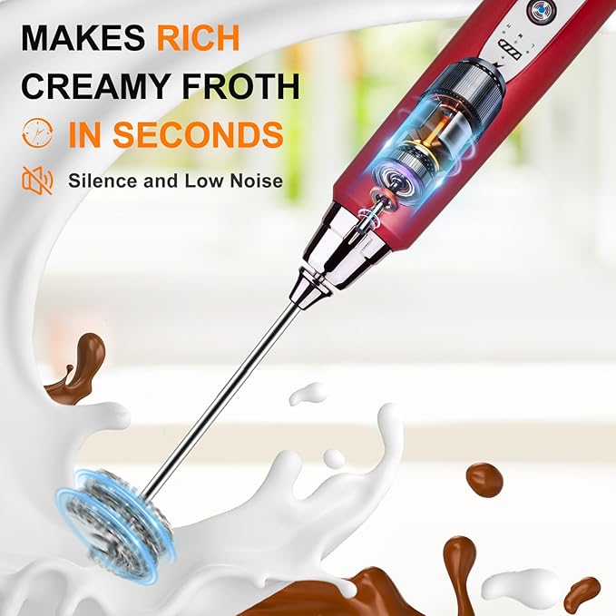 YUSWKO Red Milk Frother Handheld with 3 Heads, Coffee Whisk Foam Mixer with USB Rechargeable 3 Speeds, Electric Mini Hand Hand Frother for Latte, Cappuccino, Hot Chocolate, Egg