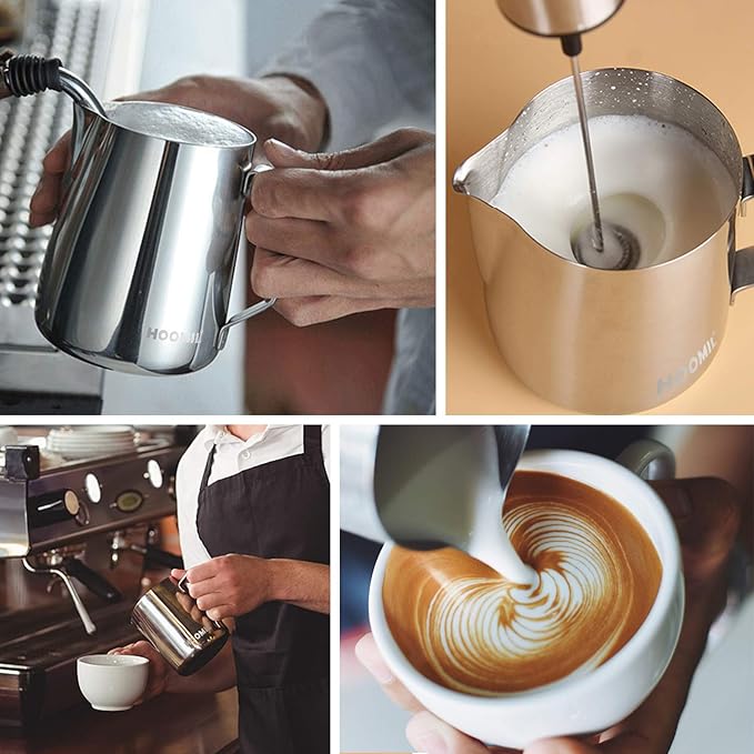 HOOMIL Milk Frothing Pitcher, 32oz/900ml Stainless Steel Steaming Pitcher Barista Milk Frother Cup Jug for Espresso Machine Coffee Cappuccino Latte Art - Silver