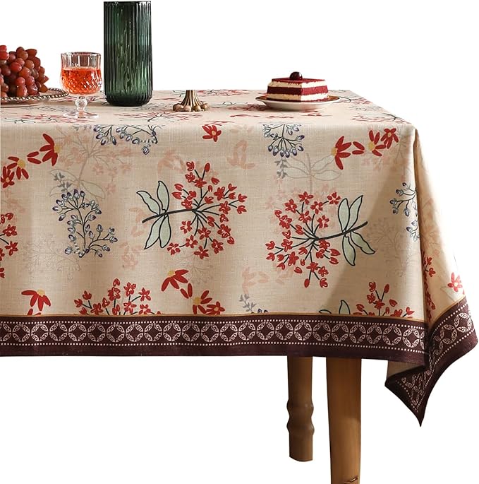 patdrea Designer Linen French Long Rectangular Table Cloth,Vintage Red Floral Fall Tablecloths,Breathable Table Cover for Kitchen Dining,Tea Party,Christmas,Thanksgiving,Holiday,63"x94"-Newmari