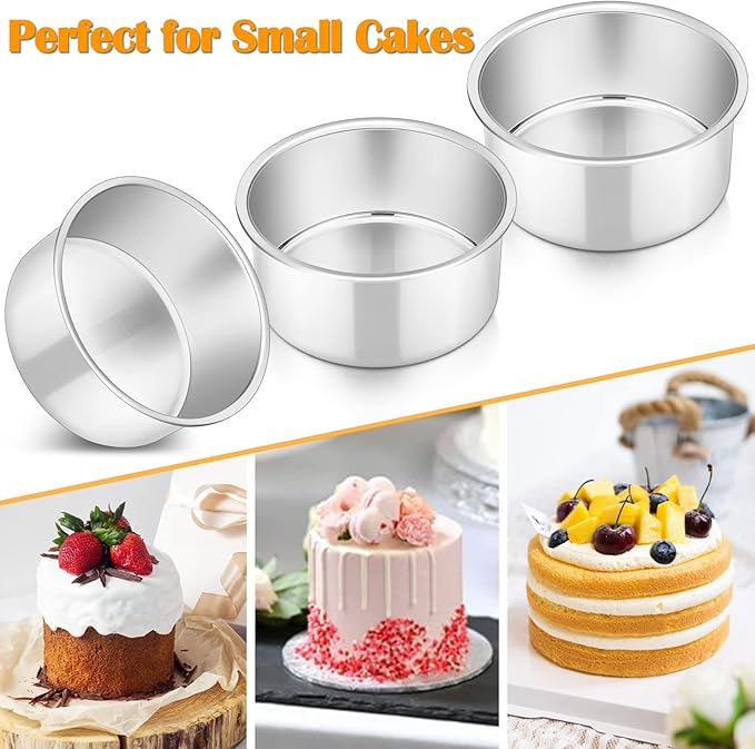 P&P CHEF 4 Inch Round Cake Pan Set of 3, Stainless Steel Round Baking Layer Pans Bakeware for Layer Birthday Cake, Fit Oven/Pots/Pressure Cooker, Leakproof & Dishwasher Safe, Silver