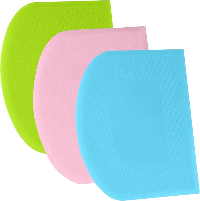 SURDOCA Dough Scraper Bench Scraper - 3P 7.1x4.9" Plastic Flexible Bowl Scraper, Sharp Edge & Angles Cake Scraper. Non-Slip Bakeware Decorating Tools Sculpting & Modeling Tools - Pink+Blue+Green