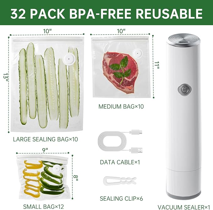 Vacuum Sealer, Handheld Compact Vacuum Sealer for Food, Portable Vacuum Machine Kit with 32 Reusable Sous Vide Zipper Bags, Cordless Food Sealer Machine for Travel Fresh & Sorage Meal Prep