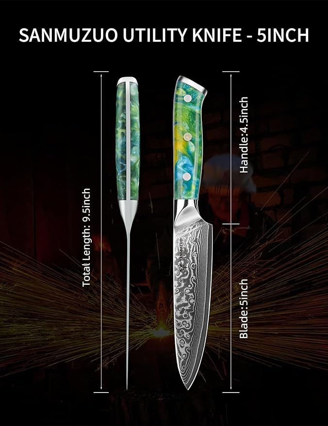 5 Inch Kitchen Utility Knife - Xuan Series Kitchen Knives - VG10 Damascus Steel with Resin Handle (Jade Green)
