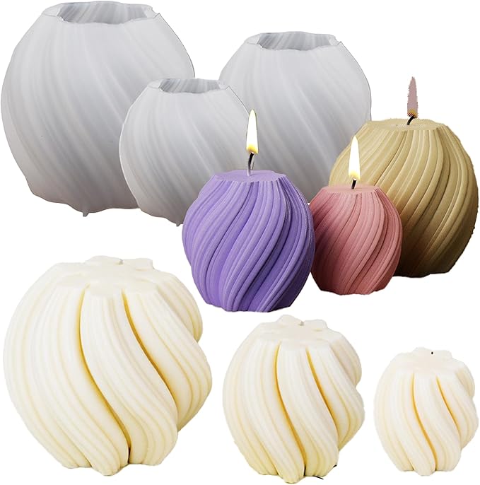 3 Pack Wave Candle Molds - Multiple Size Ball, Spiral & Resin Casting Molds for Soap Making & Home Decor