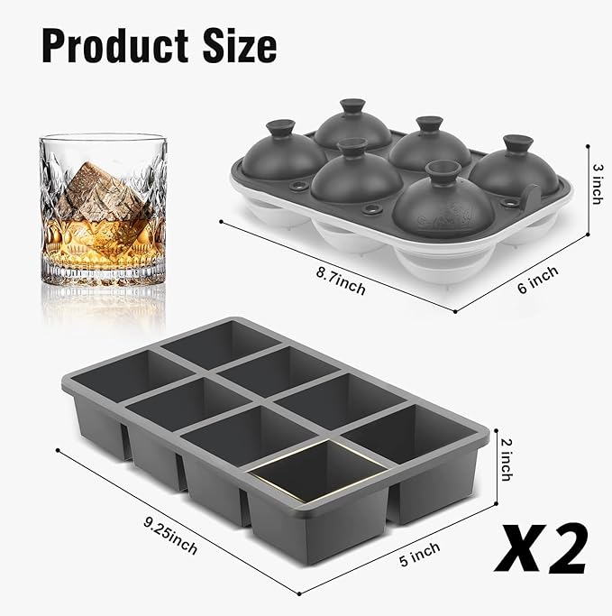 Samuelworld Premium Ice Tray Combo (16 Ice Cubes/6 Ice Ball), Large Ice Sphere Maker & New Upgraded Ice Cube Trays, Food Grade, Spill-Free Integrated Funnels, Whiskey Bourbon Cocktails, Grey