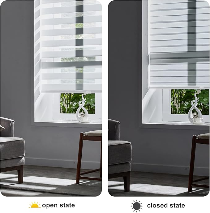 Persilux Cordless Zebra Blinds for Windows (45" W X 64" H, White) Free-Stop Roller Windows Shades Dual Layer Light Control for Day and Night, Light Filtering Sheer Shades for Home, Easy to Install