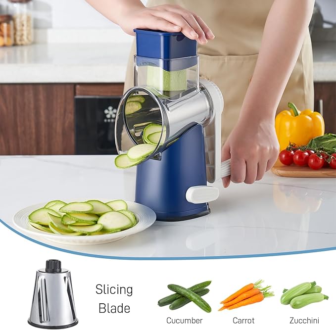VEKAYA Cheese Grater, Cheese Grater Hand Crank, 4 Interchangeable Blades Cheese Shredder, Vegetable Slicer, Non-slip Suction Base, Easy to Clean Rotary Grater with Handle (Blue)