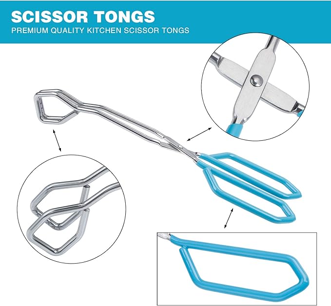 MSY BIGSUNNY Stainless Steel Scissor Tongs Heavy Duty Cooking Tongs with Soft Handles (1, blue 11")