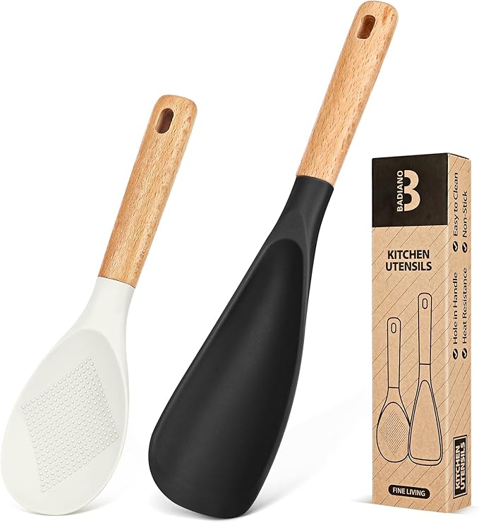 Cooking Spoon and Rice Scooper for Nonstick Cookwares, Great for Cooking and Serving Sturdy BPA-Free Matte Silicone, Wood Handle Spoon for Mixing, Scoop, and Scrape (Black Spoon & White Scooper）