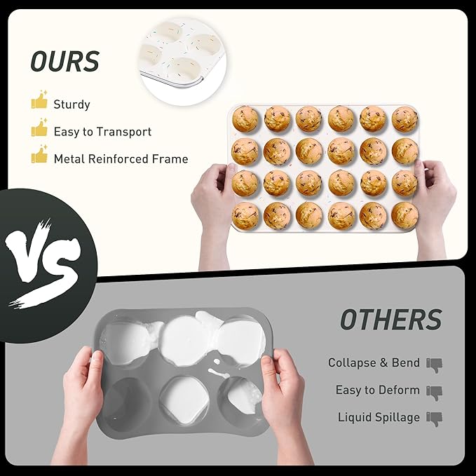 2 Pack 24 Cups Silicone Mini Muffin Pan with Metal Reinforced Frame Silicone Molds Cupcake Cake Baking Cheesecake Pans Cookie Baking Chocoflan Cupcake Mold Mini Bundt Cake Pan Women Gift