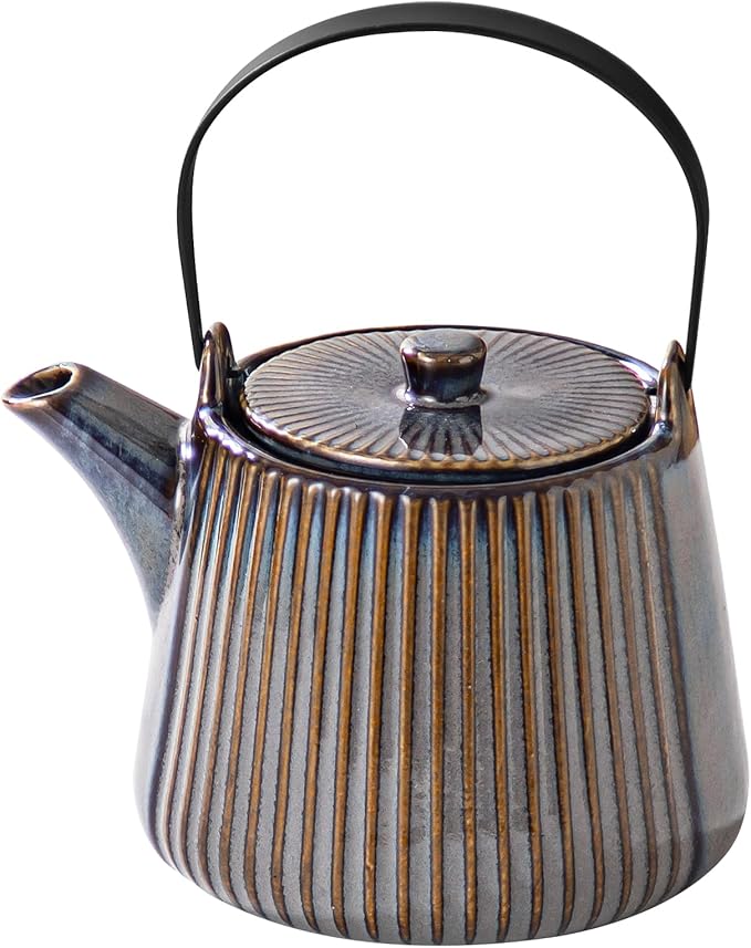 Yundu Brown Ceramic Teapots, 1000ml/33.8oz Tea Kettle, Enough for 4 Cups, Tea pot with infusers for loose tea, Striped Tea Pot with Removable Tea infuser