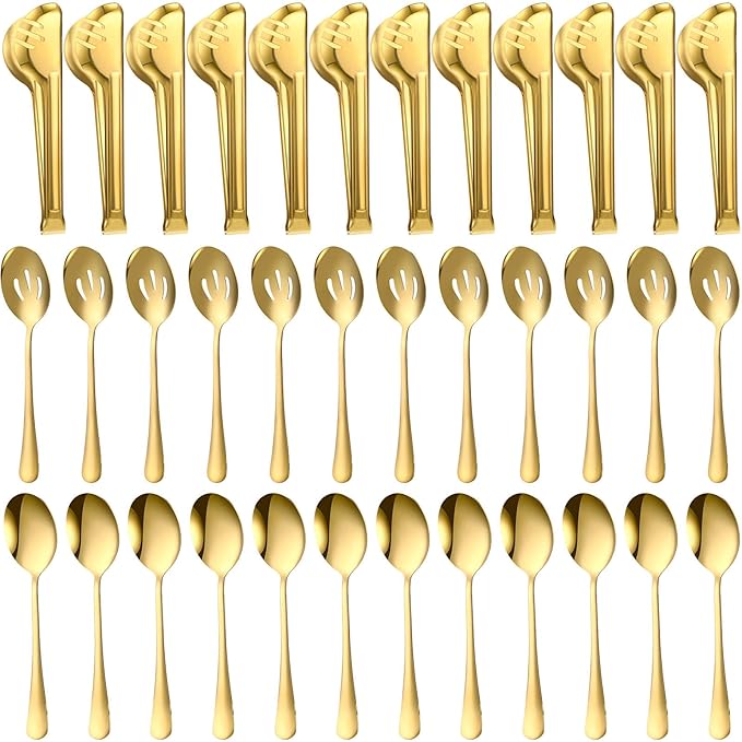 Sabary 36 Pcs Stainless Steel Serving Utensils for Buffet Parties Including 12 Serving Spoons 12 Slotted Spoons 12 Serving Tongs Large Metal Flatware Set for Tanksgiving Catering Banquet(Gold)