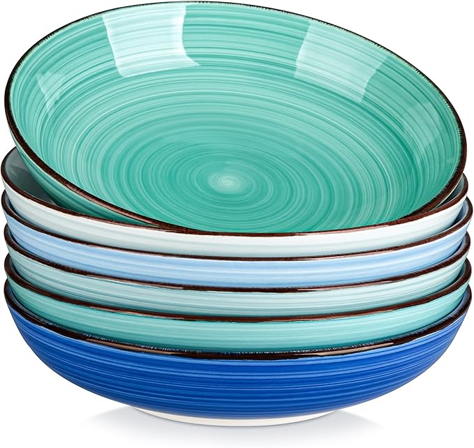 vancasso Bonita Pasta Bowls Set of 6, 50oz Large Salad Bowls for Kitchen, Stoneware Serving Bowls Dishwasher & Microwave Safe, Blue Bowl Set
