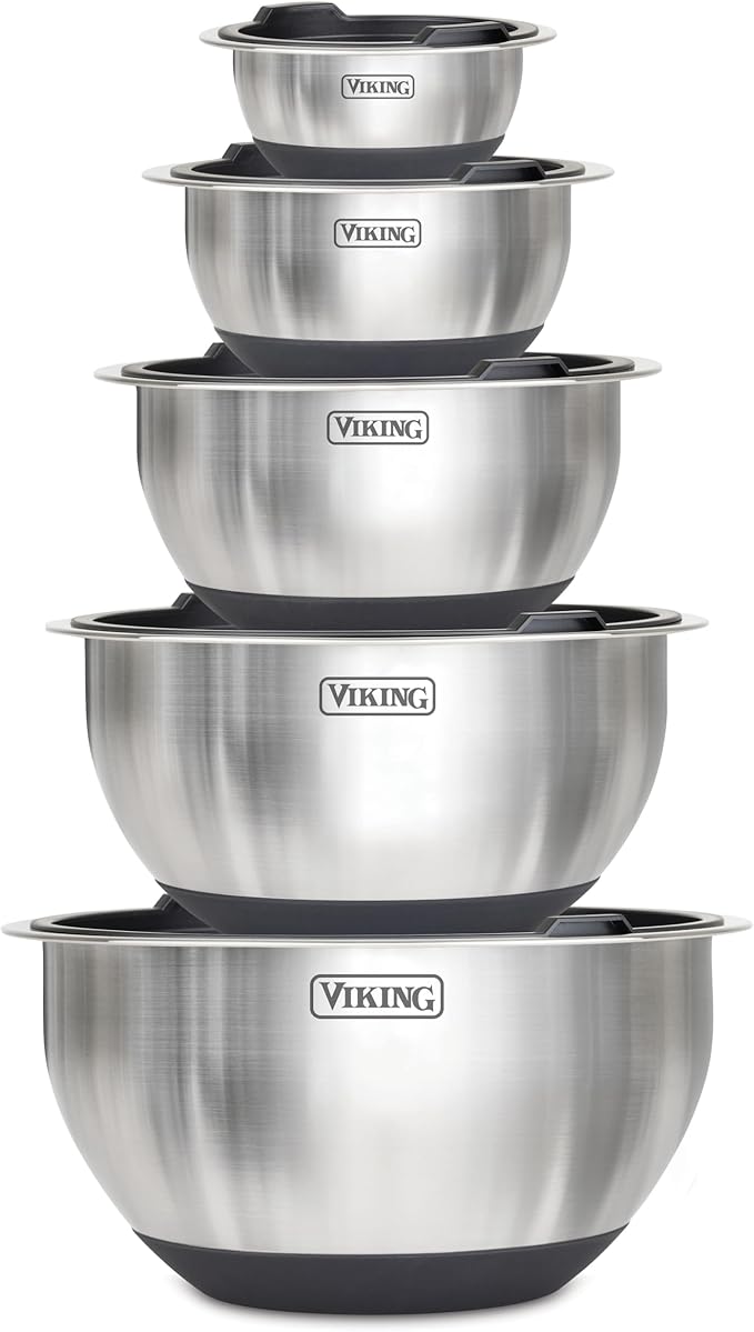 VIKING Mixing Bowls Set, 10 Piece Stainless Steel Kitchen Cookware, Non-Slip Silicone Base, Includes Tight Fit Lids, Dishwasher Safe, Black