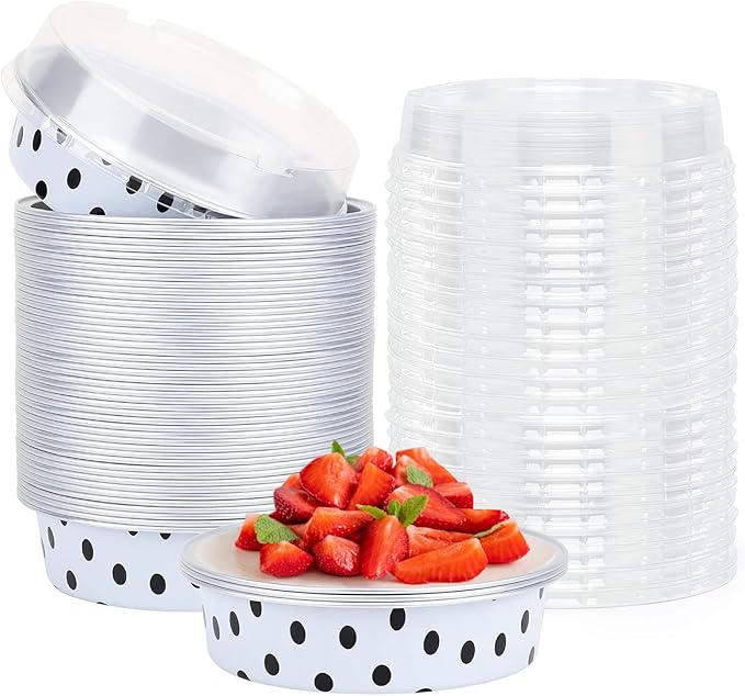Beasea Mini Tart Pans with Lids 50 Pack, 4” 8oz Disposable Aluminum Baking Foil Tins Round Small White Black Dot Container for Individual Cupcake Dessert Muffin Ramekin Cheesecake Quiche Oven Dishes
