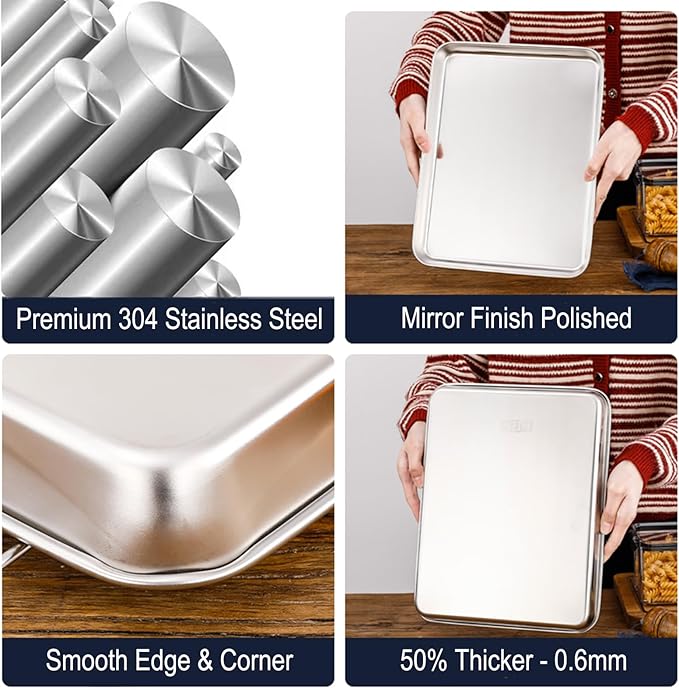 Extra Small Baking Sheet Pans Stainless Steel 304 Tiny Serving Tray 9.3 x 6.9 x1.1Inch (Diagonal 10.63) Dishwasher Safe No Rust Reheat Food for 1~2 Person 2 Pack
