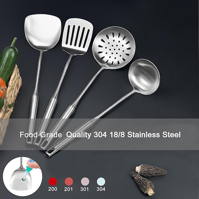 18/8 Stainless Steel Kitchen Utensils Set, 4 PCS 15in Metal Cooking Utensil Gadgets Tools Set with Spatula, Deep Ladle, Skimmer, Slotted Spatula Turner, Dishwasher Safe (4Pack)