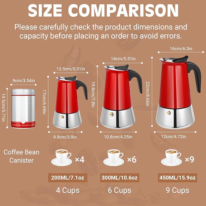 Moka Pot, 6 Cups (10.6 oz) Stovetop Espresso Maker, 304 Stainless Steel Moka Pot, Induction Compatible, Red