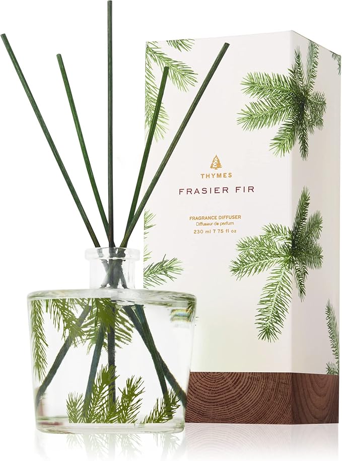 Thymes Frasier Fir Reed Diffuser Set – Includes Reeds, Fragrance Oil, and Frosted Glass Bottle – Fragrance Oil Diffuser – Room Fresheners – Luxury Home Decor – Green & Clear (Pine Needle, 7.75 fl oz)