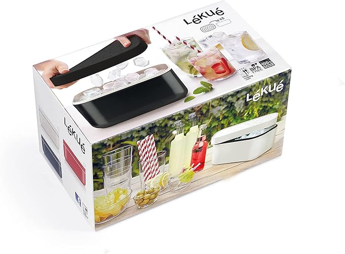 Lékué Ice Box | Ice Cube Tray For Freezer With Lid & Bin | Made With 100 Percent Platinum Silicone | Elegant And Retro Style Ice Cubes | For Cocktails, Ice Tea & Coffee And More | White