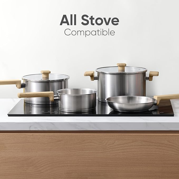 CAROTE 3.5Qt Stainless Steel Sauce Pan Set with Lid, 3-ply Base, Non-Toxic PTFE & PFOA Free Saucepan, Induction Cookware Set, Small Kitchen Pots, Stay-Cool Handles