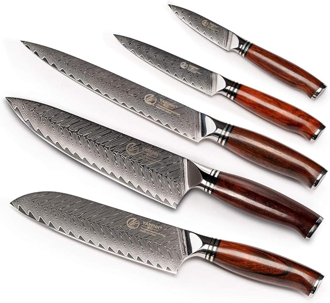 YARENH Professional Chef Knife Set 5 Piece, Damascus High Carbon Stainless Steel, Full Tang, Natural Sandalwood Handle, Ultra Sharp Kitchen Knife