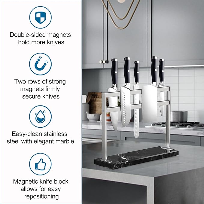 YIIYIIN Magnetic Knife Block with Marble Base - Double Sided Magnetic Knife Stand - Magnetic Knife Holder - Kitchen Knife Storage - Knife Holders for Counter Top - Black